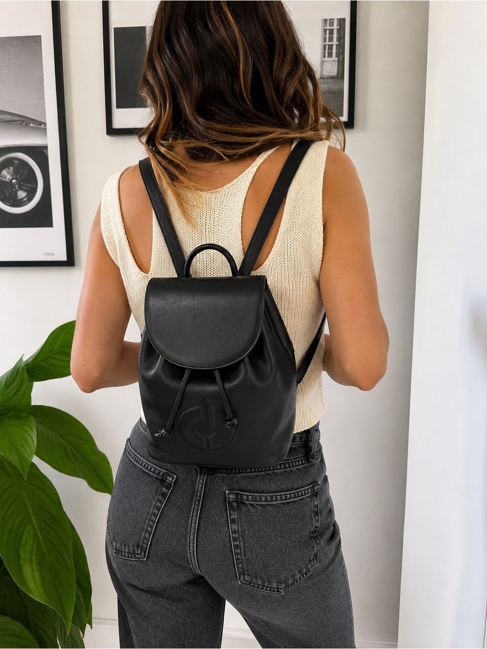 Vintage Charles Jourdan Paris Black Leather Backpack Drawstring Gold Hardware